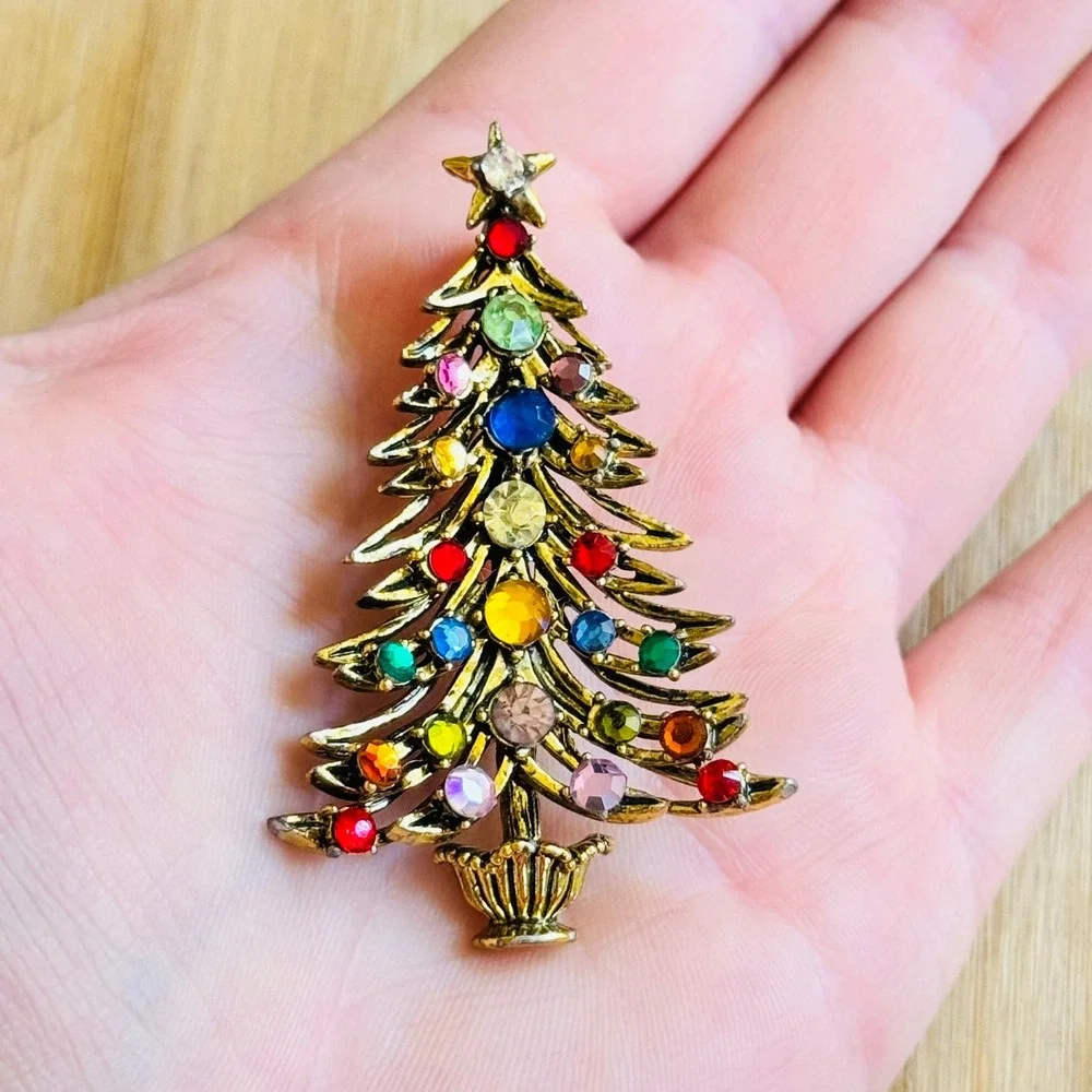 VTG Hollycraft Christmas Tree Twinkle Pin Brooch Colorful Crystal Rhinestone 50s